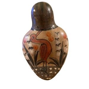 Vintage Tonala Pottery Upright Bird Mexico Hand Painted Crane on Back